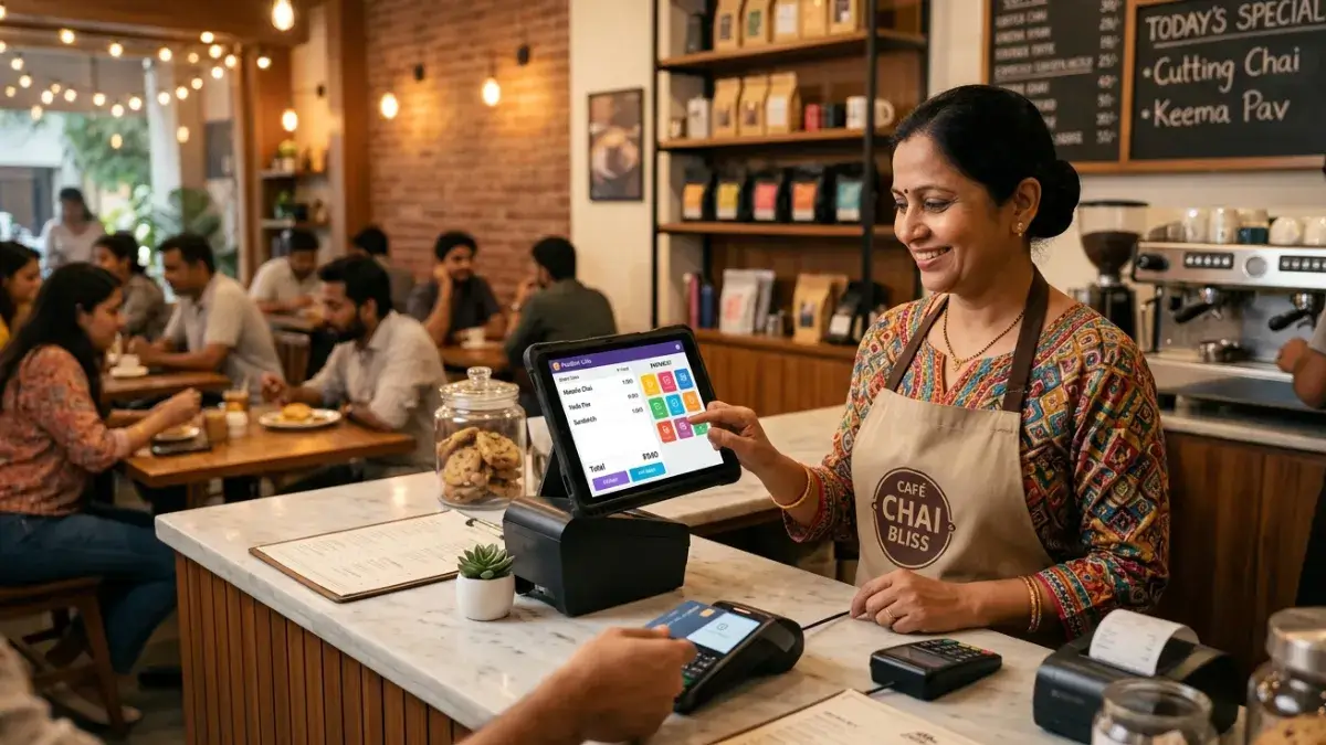 Modern restaurant owner using a fast cloud-based billing software on a tablet.
