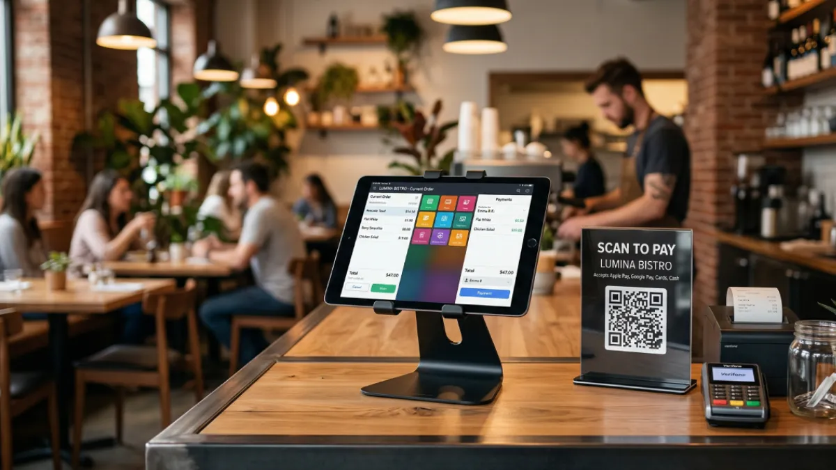 Modern cloud-based restaurant POS system and QR menu dashboard on a tablet