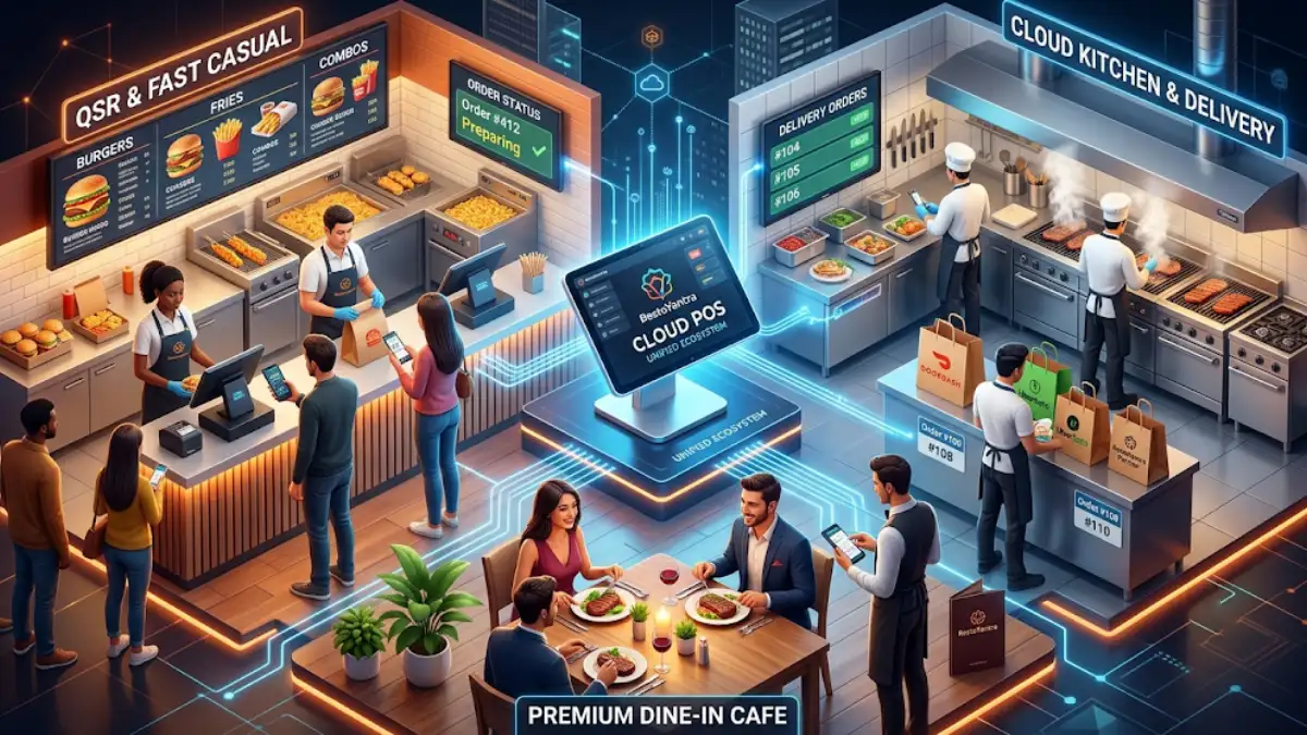 A split image showing a stressed restaurant owner with messy paper bills next to an organized cafe using a sleek RestoYantra Cloud POS tablet.