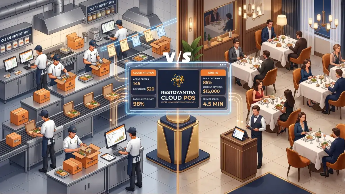 A 3D isometric comparison showing a high-tech cloud kitchen on one side and a premium traditional dine-in restaurant on the other, managed by a central RestoYantra Cloud POS system.
