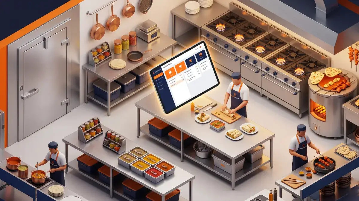 A high-end 3D isometric illustration of a fully equipped commercial kitchen for an Indian restaurant, featuring a tandoor, heavy-duty burners, and a sleek digital Kitchen Display System.
