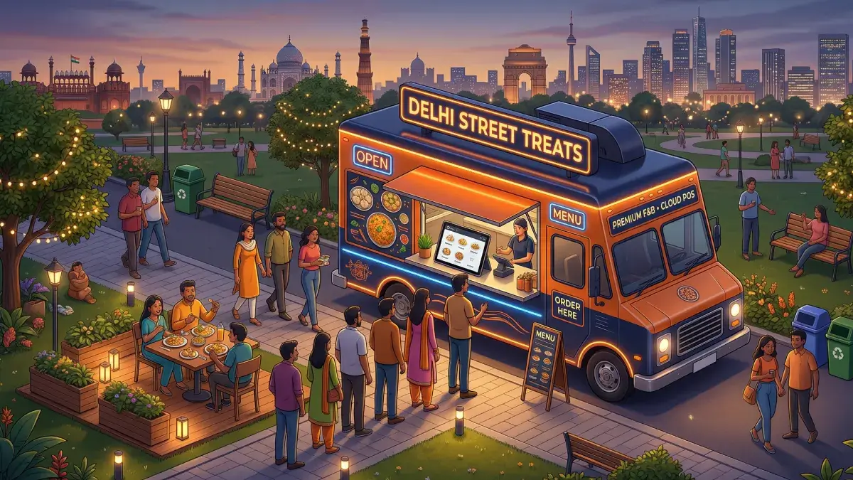 A premium 3D isometric illustration of a vibrant food truck in a bustling Indian city park, equipped with dynamic RestoYantra Cloud POS software.