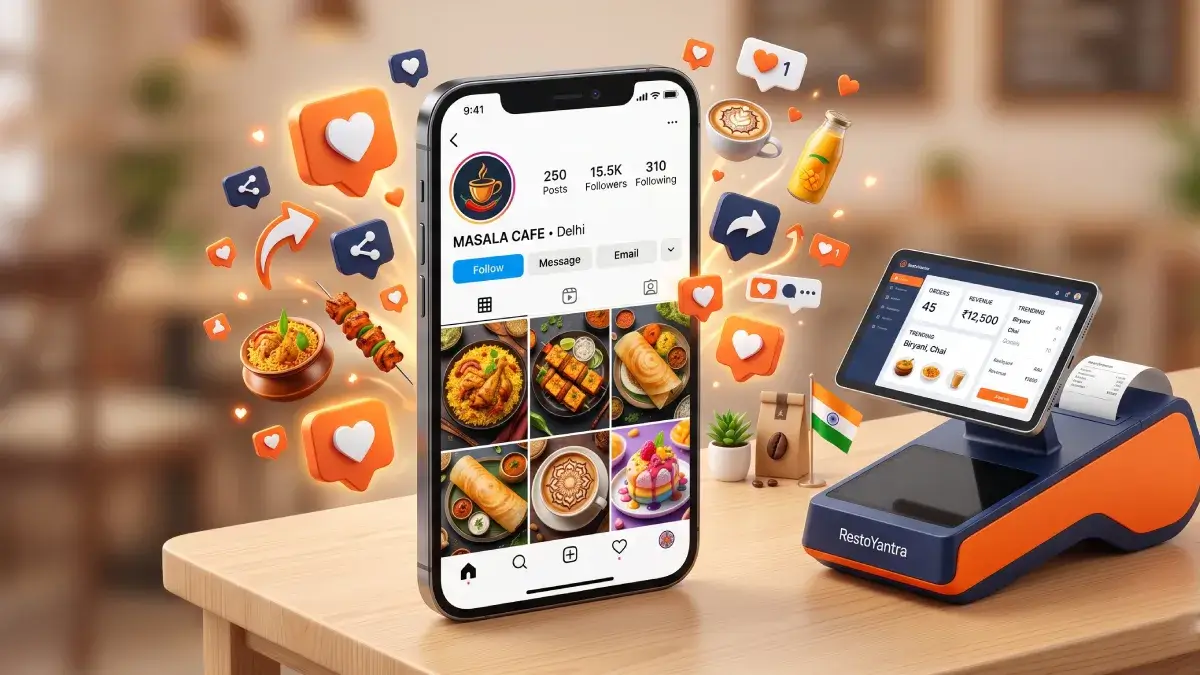 A vibrant 3D isometric representation of a smartphone displaying a viral Instagram feed for an Indian cafe, surrounded by floating likes, shares, and a sleek RestoYantra POS terminal.