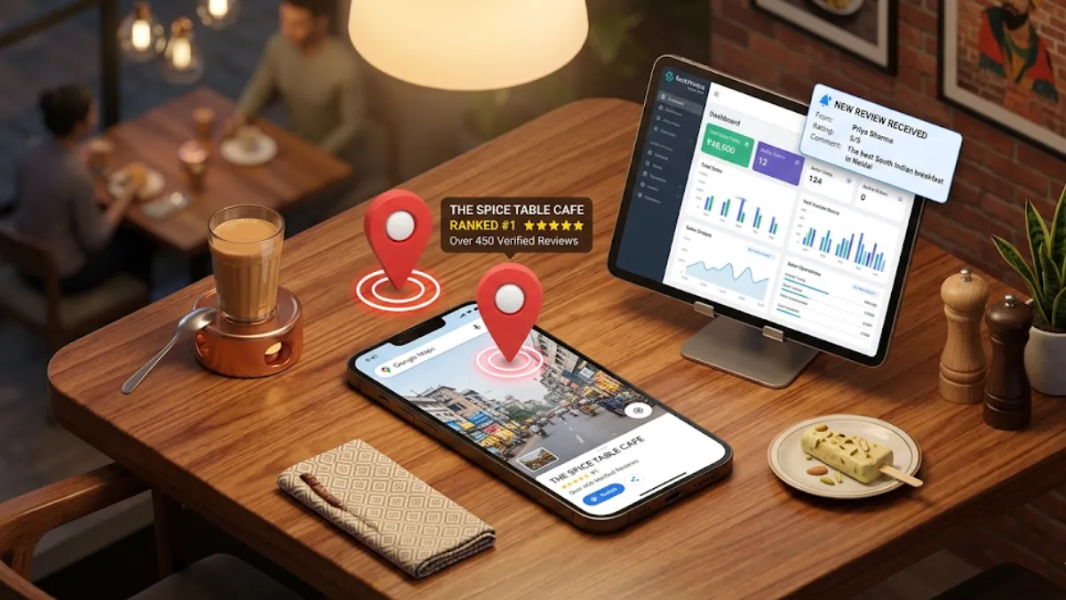 A smartphone showing a number 1 ranked restaurant on Google maps search results, placed next to a RestoYantra cloud POS system.