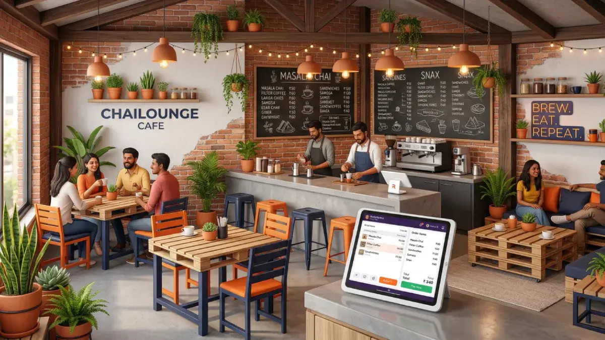 A vibrant, high-end 3D isometric illustration of a modern Indian cafe designed on a budget, featuring recycled furniture, exposed bricks, warm lighting, and a RestoYantra POS system.