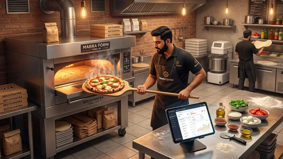 A chef in a modern Indian pizza cloud kitchen taking a fresh pizza out of a commercial deck oven alongside a digital POS tablet.
