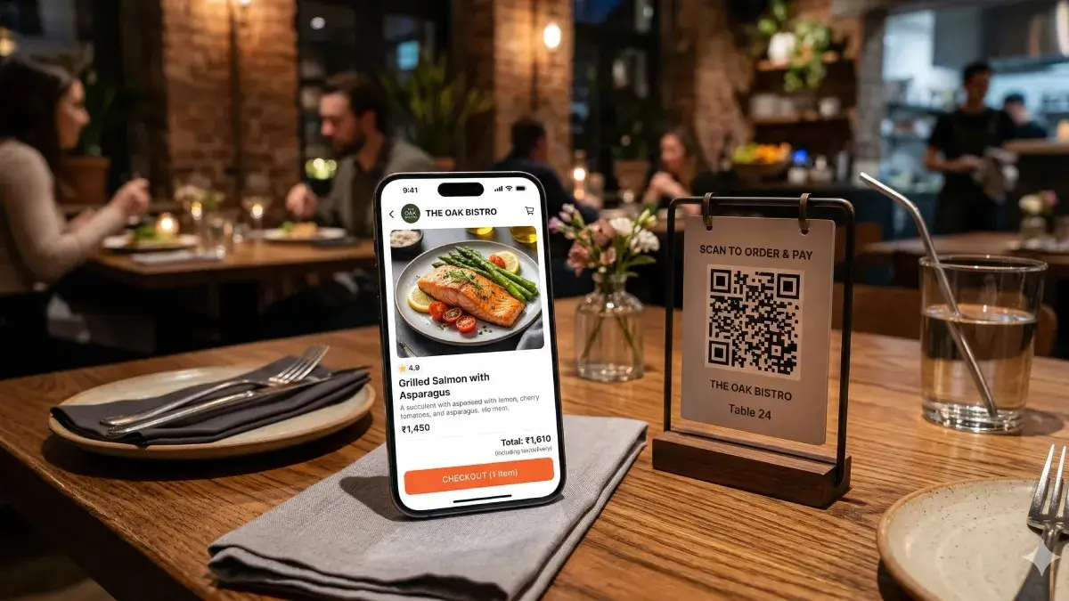 Premium QR Code food ordering system interface on a smartphone table stand