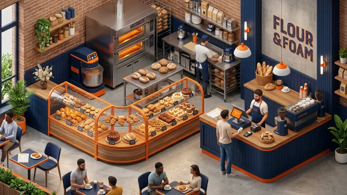 A high-end, modern Indian bakery and cafe setup featuring essential baking equipment, fresh pastries, and a sleek RestoYantra Cloud POS billing system.