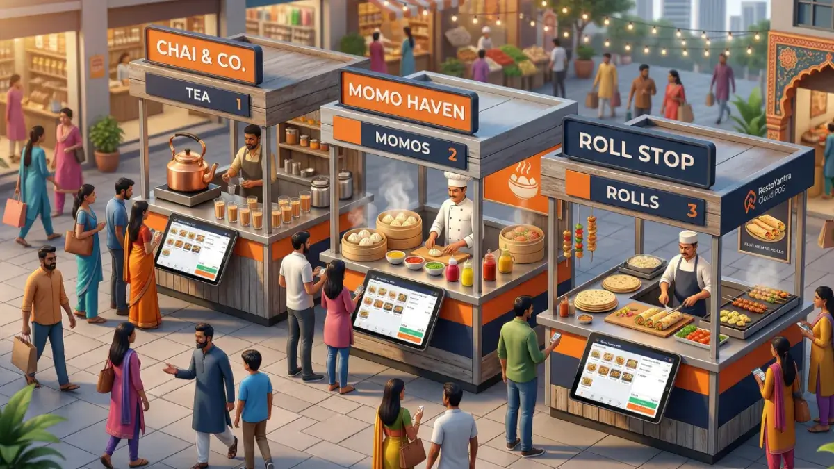 A vibrant 3D isometric illustration of diverse Indian food franchise kiosks operating seamlessly with modern digital POS systems.