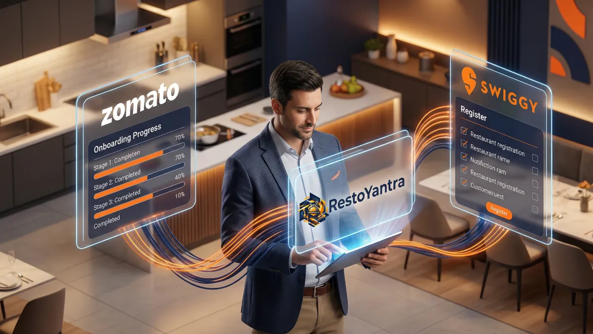 A high-end, isometric 3D illustration showing a restaurant owner managing their Zomato and Swiggy orders seamlessly through a central RestoYantra Cloud POS system.
