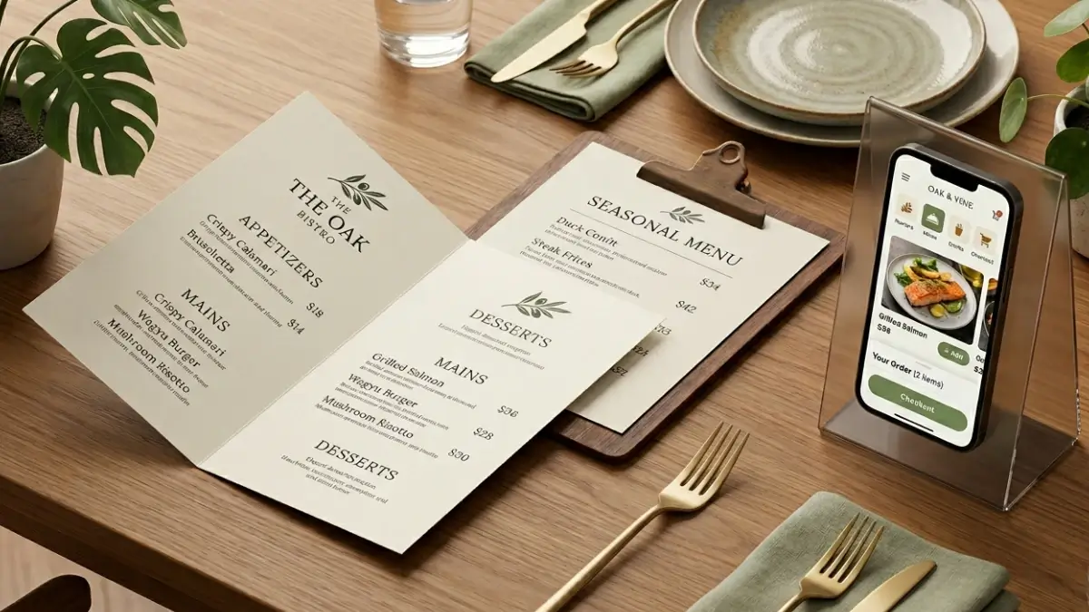 Modern minimalist and vintage restaurant menu card designs laid out elegantly on a rustic table stand next to a smart phone showing a digital POS QR code menu dashboard.