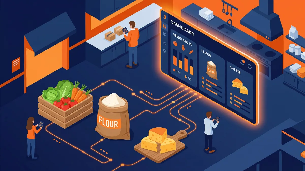 Digital dashboard tracking restaurant inventory, raw materials, and recipe food costs.