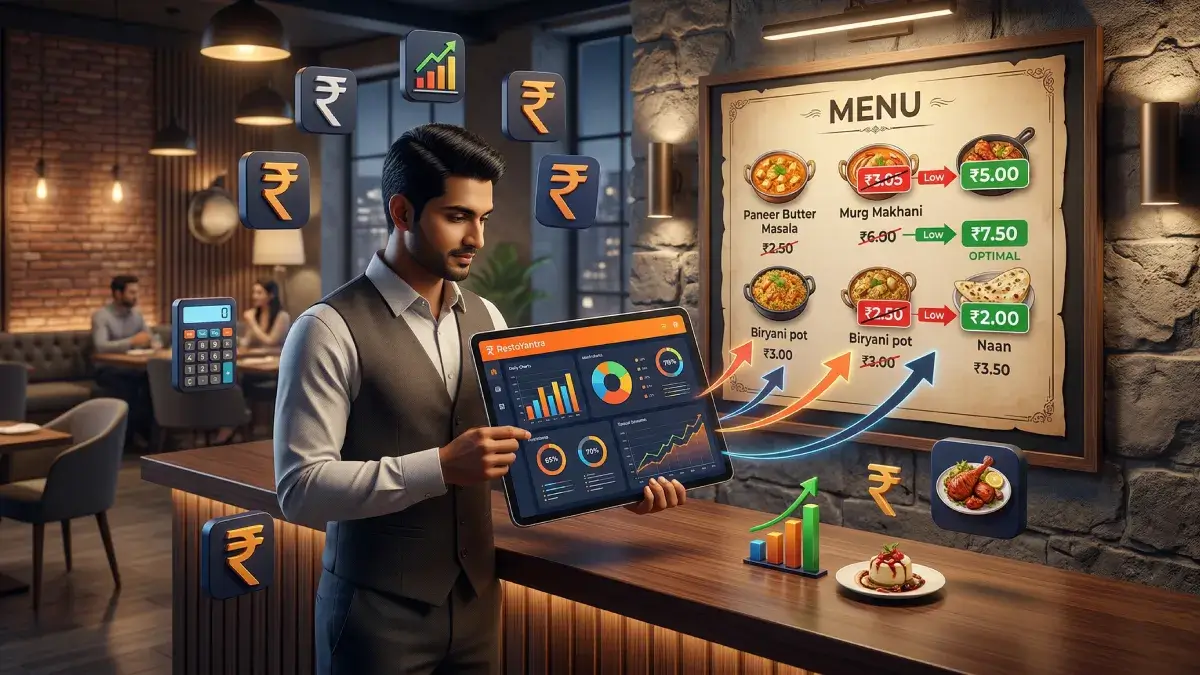 A premium 3D isometric illustration depicting a restaurant manager using data analytics on a tablet to determine optimal food prices for a digital and physical menu.