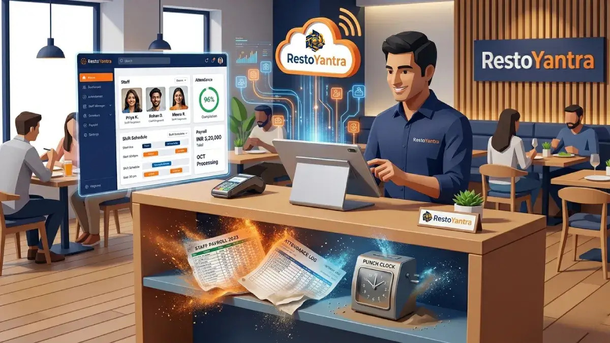 A premium 3D isometric illustration showing an organized restaurant manager using RestoYantra cloud POS on a tablet to manage staff attendance and payroll, replacing messy Excel sheets and punch clocks.