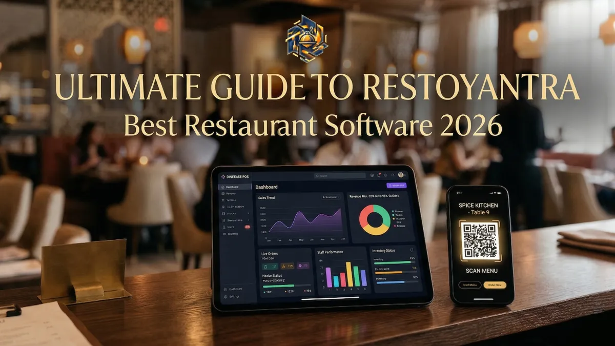 RestoYantra cloud POS dashboard and smart QR code menu system displayed in a modern restaurant.