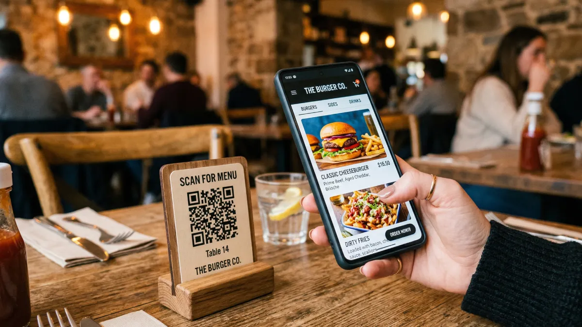 RestoYantra cloud POS dashboard and smart QR code menu system displayed in a modern restaurant.