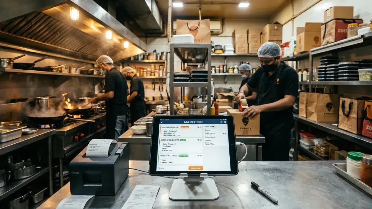Modern cloud kitchen setup in India with chef packing food and digital POS system managing Zomato Swiggy orders