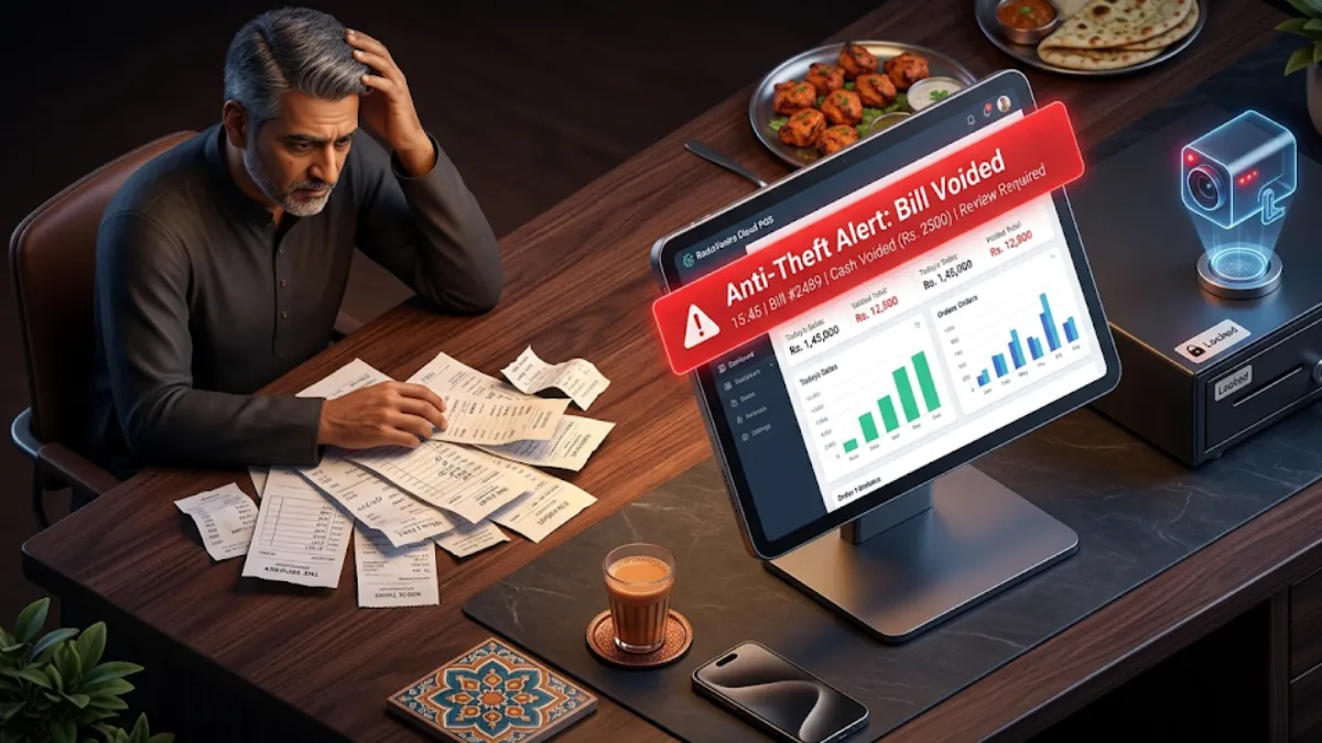 A dramatic 3D illustration of a restaurant owner reviewing messy bills while a RestoYantra cloud POS tablet displays a bright red Anti-Theft Alert.