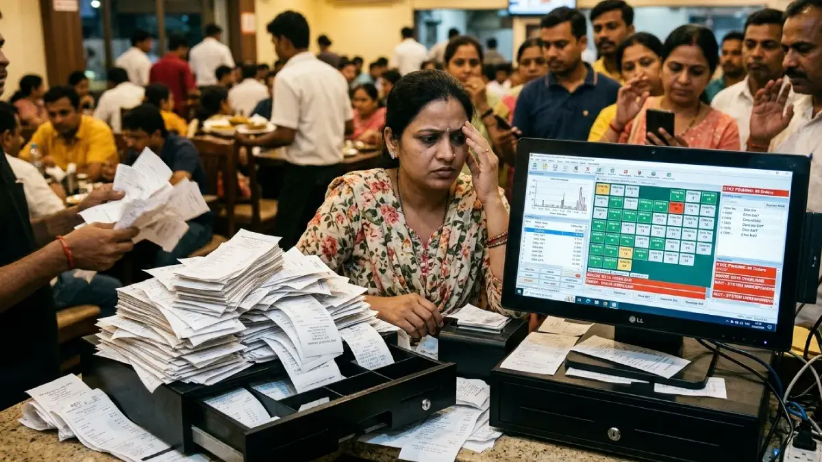 Stressed restaurant owner struggling with an outdated free billing software and messy paper bills.