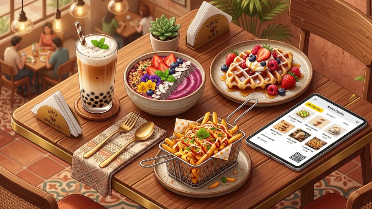 A high-end 3D isometric flat-lay of a modern cafe table featuring trending items like boba tea, croffles, and smoothie bowls next to a RestoYantra QR menu tablet.