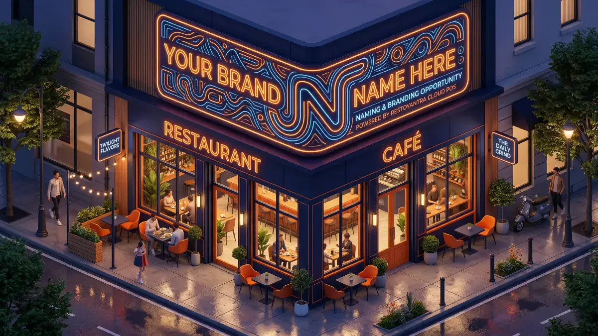 A high-end, conceptual 3D illustration of a modern Indian restaurant storefront featuring glowing neon signage, representing the search for unique cafe and restaurant name ideas.